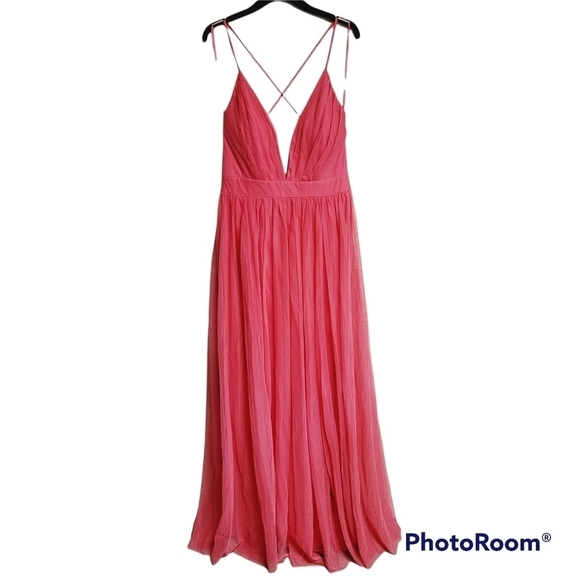 Emerald Sundae Coral Pink Deep V-neck  Cross Back Strap Dress With High Slits - Picture 1 of 10